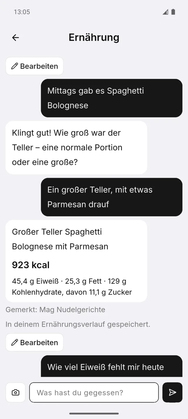 Ernährungs-Chat: Die KI fragt, wie groß der Teller war, und schätzt dann die Mahlzeit