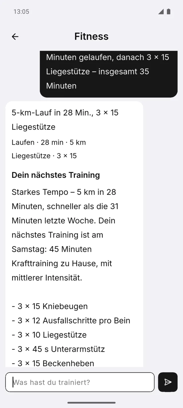 Trainings-Chat: Zusammenfassung des Laufs und der Plan für das nächste Training mit seinen Übungen