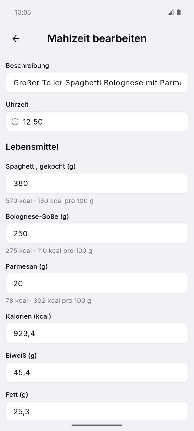 Mahlzeit bearbeiten: jedes Lebensmittel mit seiner Menge in Gramm und seinen Kalorien pro 100 g