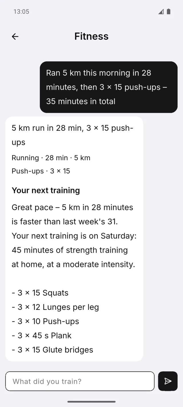 Training chat: a summary of the run and the plan for the next training with its exercises