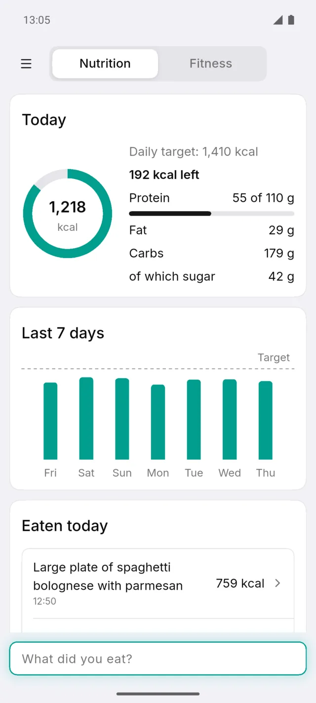 Nutrition overview: today's calories and nutrients against the daily target, and the last 7 days