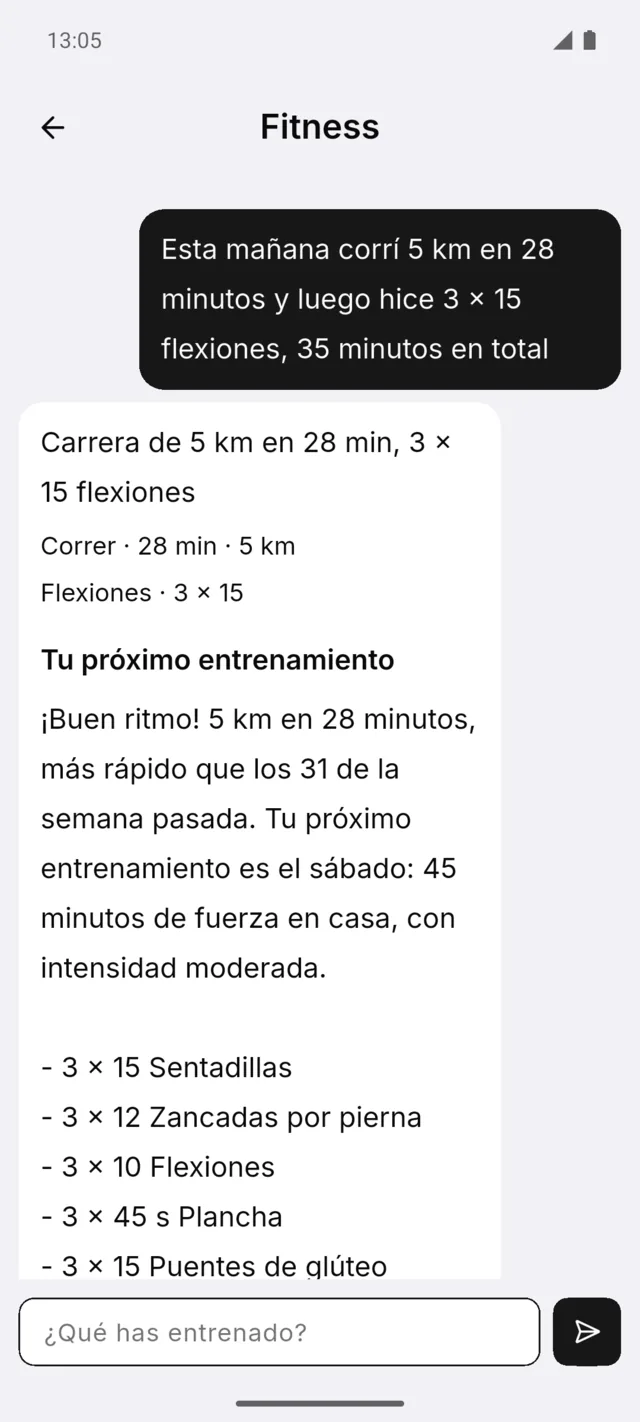 Chat de entrenamiento: resumen de la carrera y el plan del próximo entrenamiento con sus ejercicios
