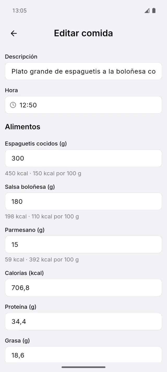 Editar una comida: cada alimento con su cantidad en gramos y sus calorías por 100 g